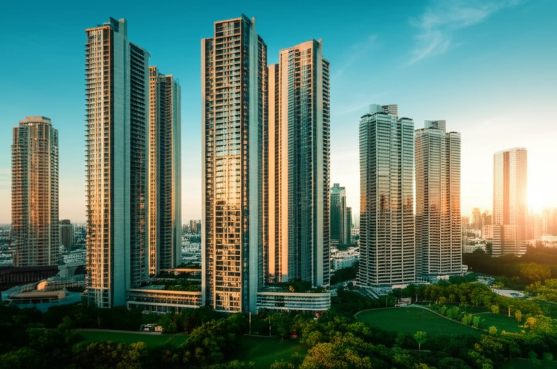 都心中古マンション価格の今後｜「ワニの口」が示す市場の変調 - 朝の光を受けて輝く都心の高層マンション群と、前景に広がる緑の公園