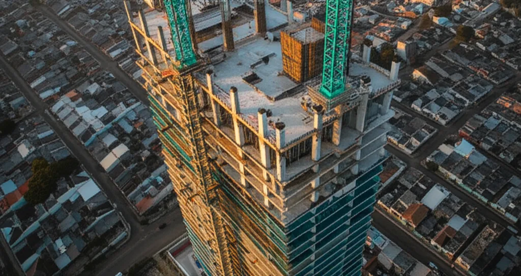 都心中古マンション価格の今後｜「ワニの口」が示す市場の変調 - 都心のタワーマンション建設現場と、周囲に広がる既存の住宅街の対比