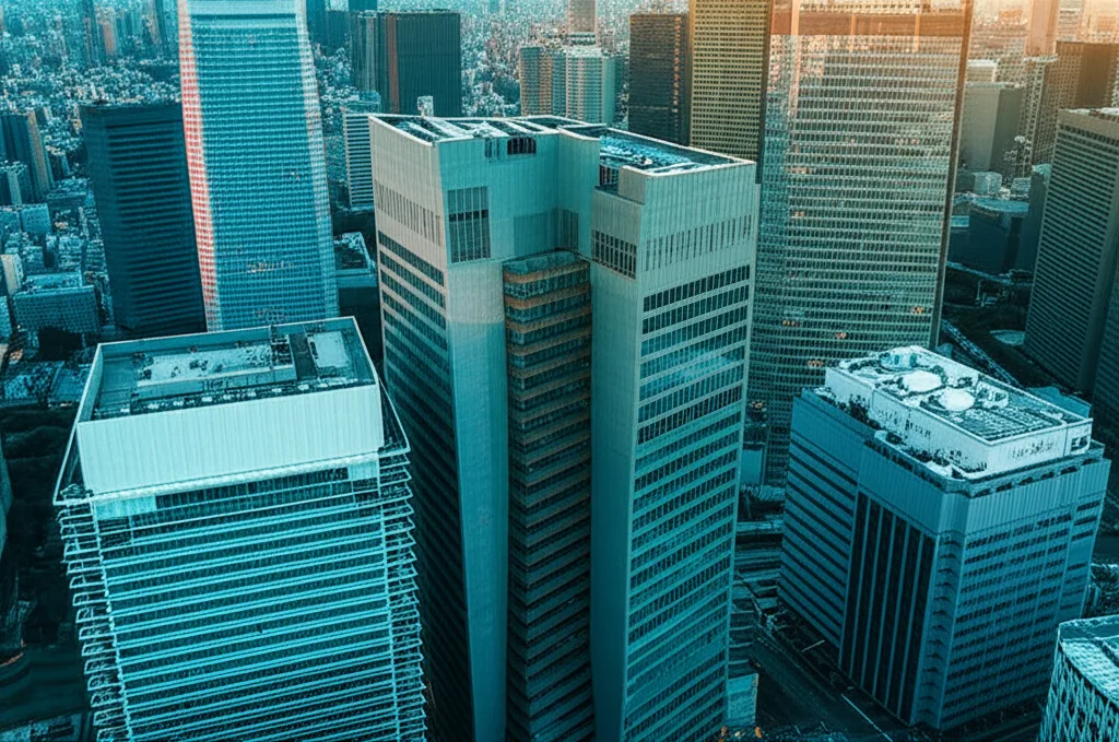 都心中古マンション価格の今後｜「ワニの口」が示す市場の変調 - 夕暮れ時の東京都心、ガラス張りの高層ビル群が夕日を反射している空撮イメージ