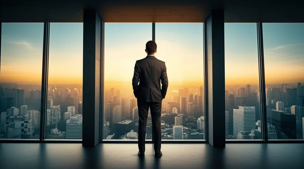 都心中古マンション価格の今後｜「ワニの口」が示す市場の変調 - 都心を見渡せる高層階のガラス窓の前に立つスーツ姿のビジネスパーソンの後ろ姿