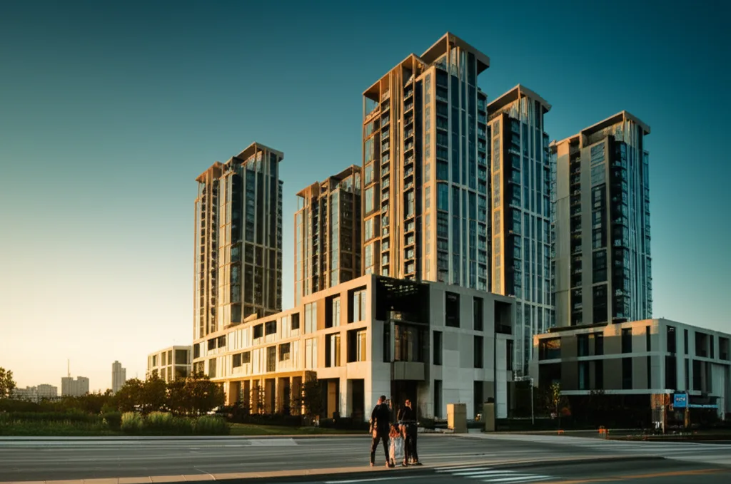 都心中古マンション価格の今後｜「ワニの口」が示す市場の変調 - 都心の住宅街を歩く家族連れ、背景に高層マンションがそびえる