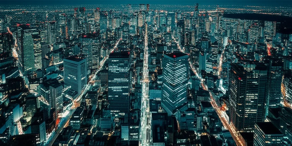 都心中古マンション価格の今後｜「ワニの口」が示す市場の変調 - 夜の東京を俯瞰する空撮イメージ、無数の光が碁盤目状に広がる都市の夜景