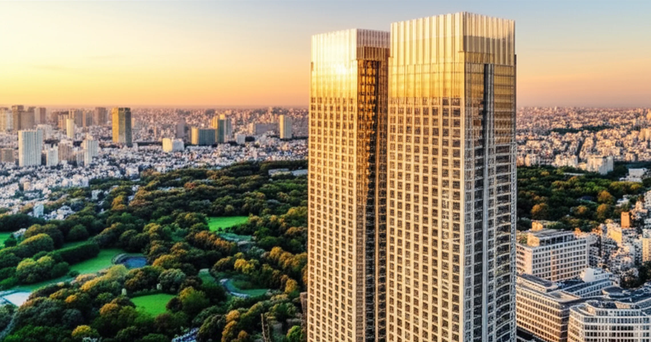 半住半投で億ション資産形成|転売戦略の全貌 - 東京都心の高層マンション群が夕焼けの空を背景に立ち並ぶ俯瞰写真