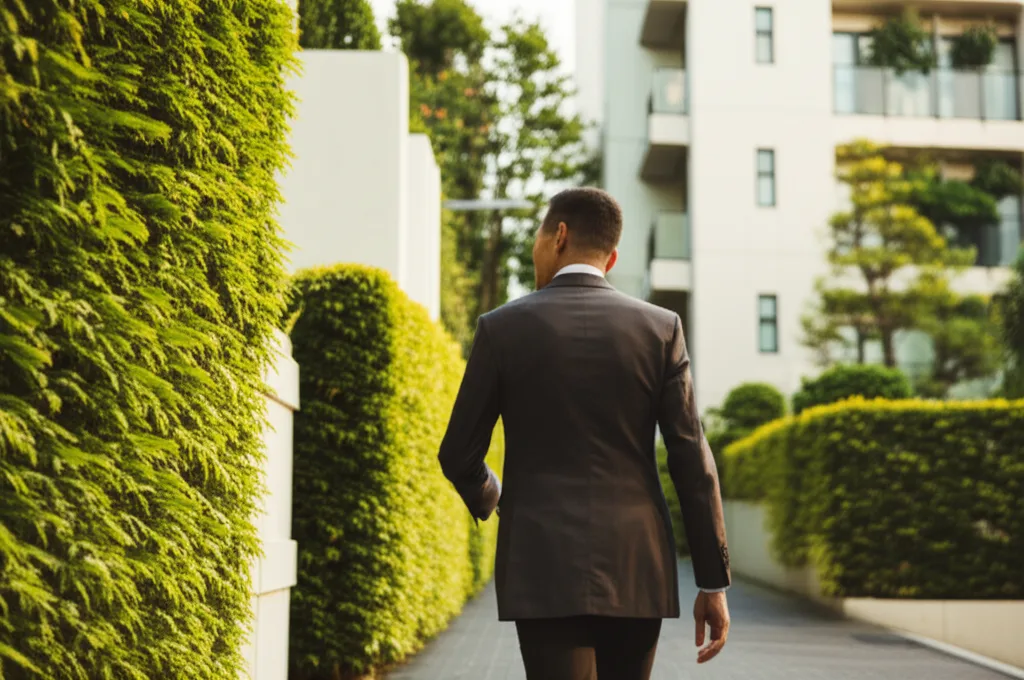 半住半投で億ション資産形成|転売戦略の全貌 - 東京・港区や渋谷区の高級住宅街を歩くスーツ姿の男性の後ろ姿