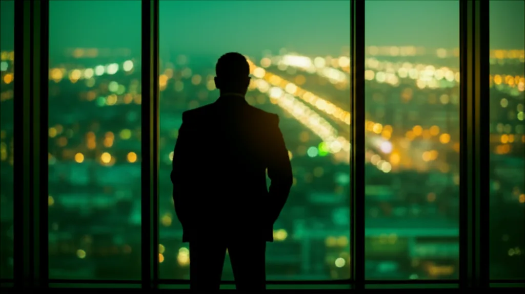半住半投で億ション資産形成|転売戦略の全貌 - オフィスビルの高層階で窓際に立ち、夜景を眺めながら考え込むビジネスマンのシルエット
