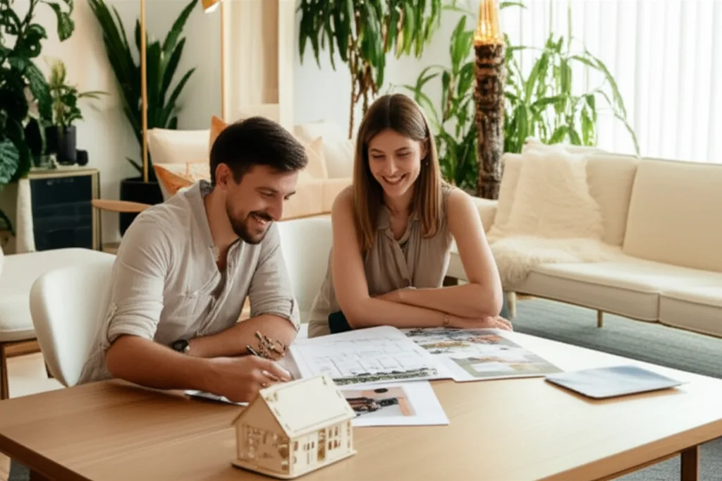半住半投で億ション資産形成|転売戦略の全貌 - 不動産仲介会社のショールームで物件資料を広げて検討する30代カップルの様子