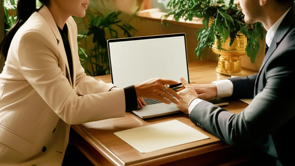 半住半投で億ション資産形成|転売戦略の全貌 - 税理士事務所の会議室でノートパソコンを前に資料を確認するスーツ姿の男女