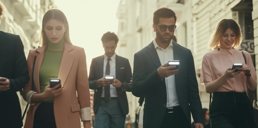 半住半投で億ション資産形成|転売戦略の全貌 - 朝の通勤時間帯、スマートフォンで情報を確認しながら歩くビジネスパーソンたちの群像