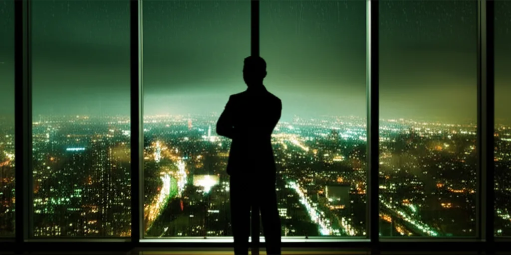 半住半投で億ション資産形成|転売戦略の全貌 - 嵐の夜に都市のビル群を見渡すガラス窓の前で腕を組んで立つビジネスマンのシルエット