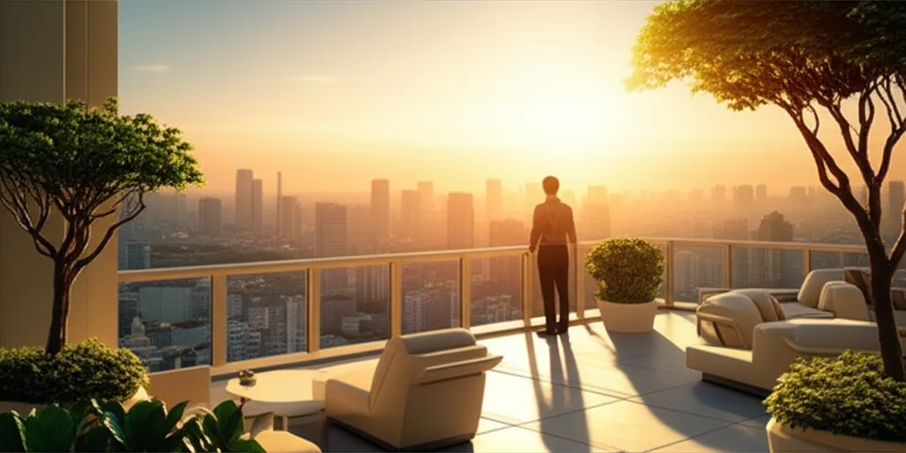 半住半投で億ション資産形成|転売戦略の全貌 - 晴れた朝の東京都心を見渡すタワーマンションの高層階バルコニーに立つ人物のシルエット