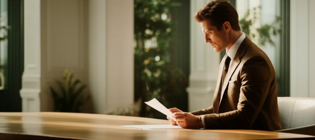 サラリーマン大家の与信戦略｜高属性が資産形成で有利な理由 - 銀行の窓口で書類を確認するスーツ姿のビジネスマン。明るいオフィス空間