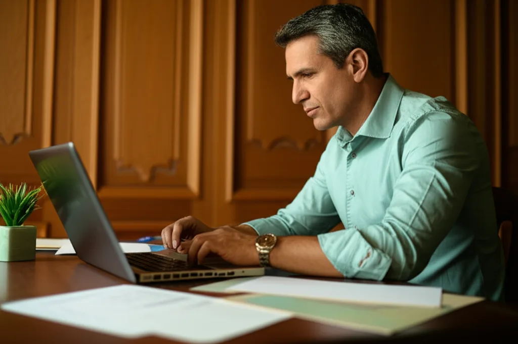 サラリーマン大家の与信戦略｜高属性が資産形成で有利な理由 - 書斎でノートパソコンと書類を広げて資産計画を練る40代男性の横顔