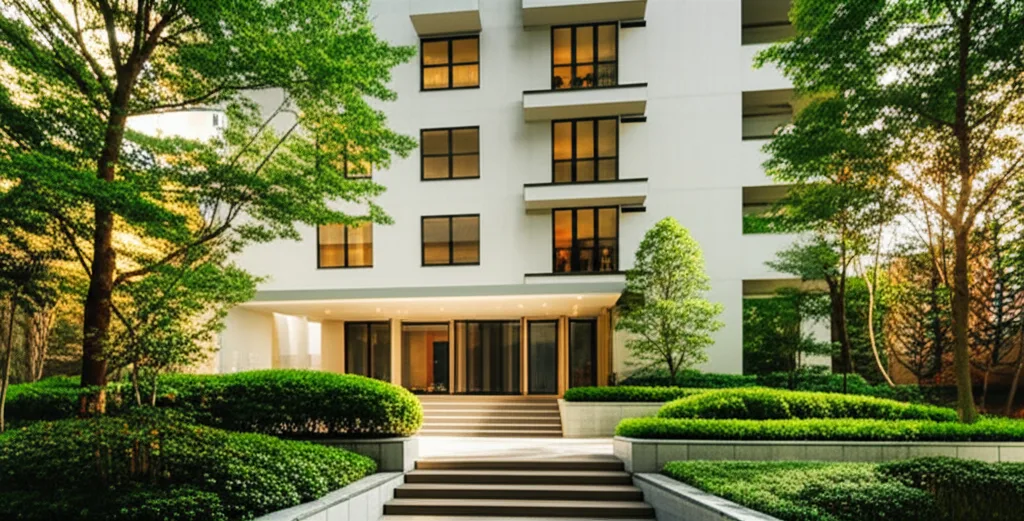 サラリーマン大家の与信戦略｜高属性が資産形成で有利な理由 - 都内の賃貸マンション外観。整備された植栽と明るいエントランス