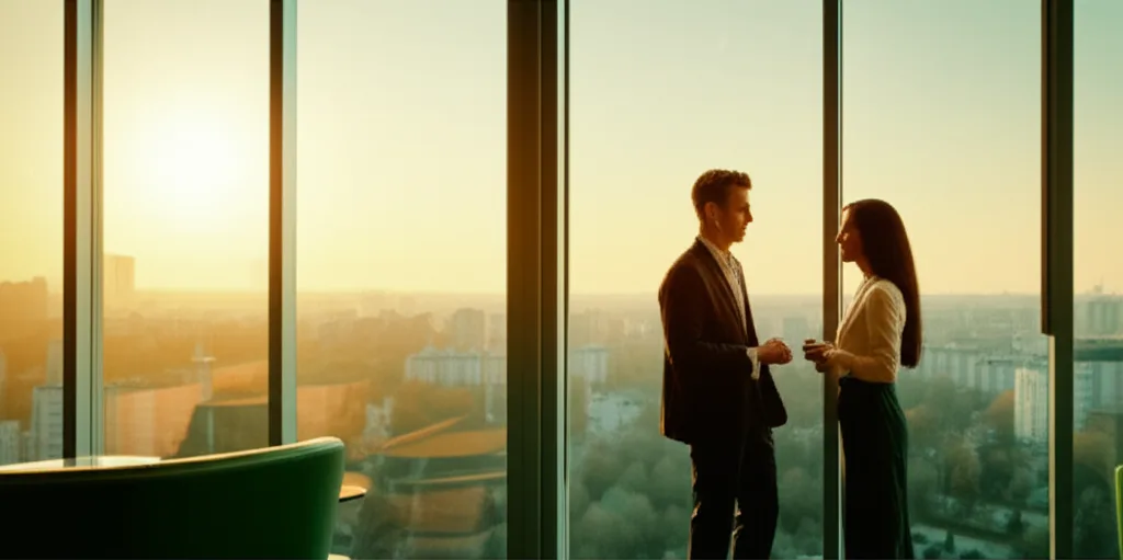 サラリーマン大家の与信戦略｜高属性が資産形成で有利な理由 - 2人のビジネスパーソンが会議室で向かい合って話し合っている場面。窓から都市の景色が見える