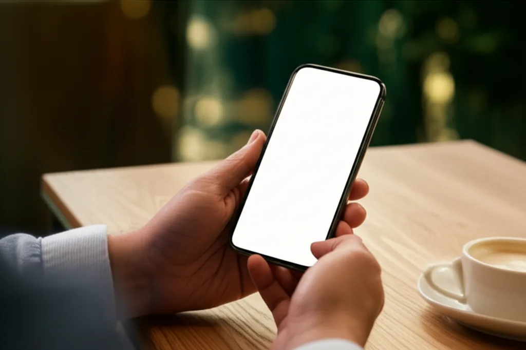 サラリーマン大家の与信戦略｜高属性が資産形成で有利な理由 - カフェのテーブルでスマートフォンを見ながら考え込む30代のビジネスパーソン