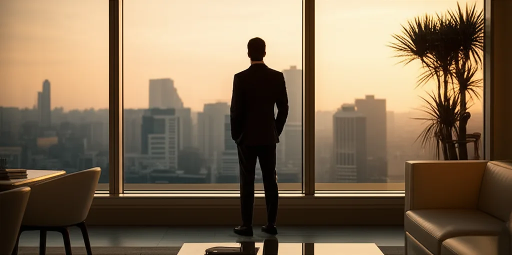 サラリーマン大家の与信戦略｜高属性が資産形成で有利な理由 - 夕暮れ時の都市のスカイラインを窓から眺めるスーツ姿のシルエット