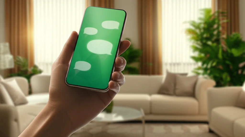 サラリーマン大家の与信戦略｜高属性が資産形成で有利な理由 - スマートフォンを手に持ちLINEアプリを開いている場面。背景は明るいリビング空間