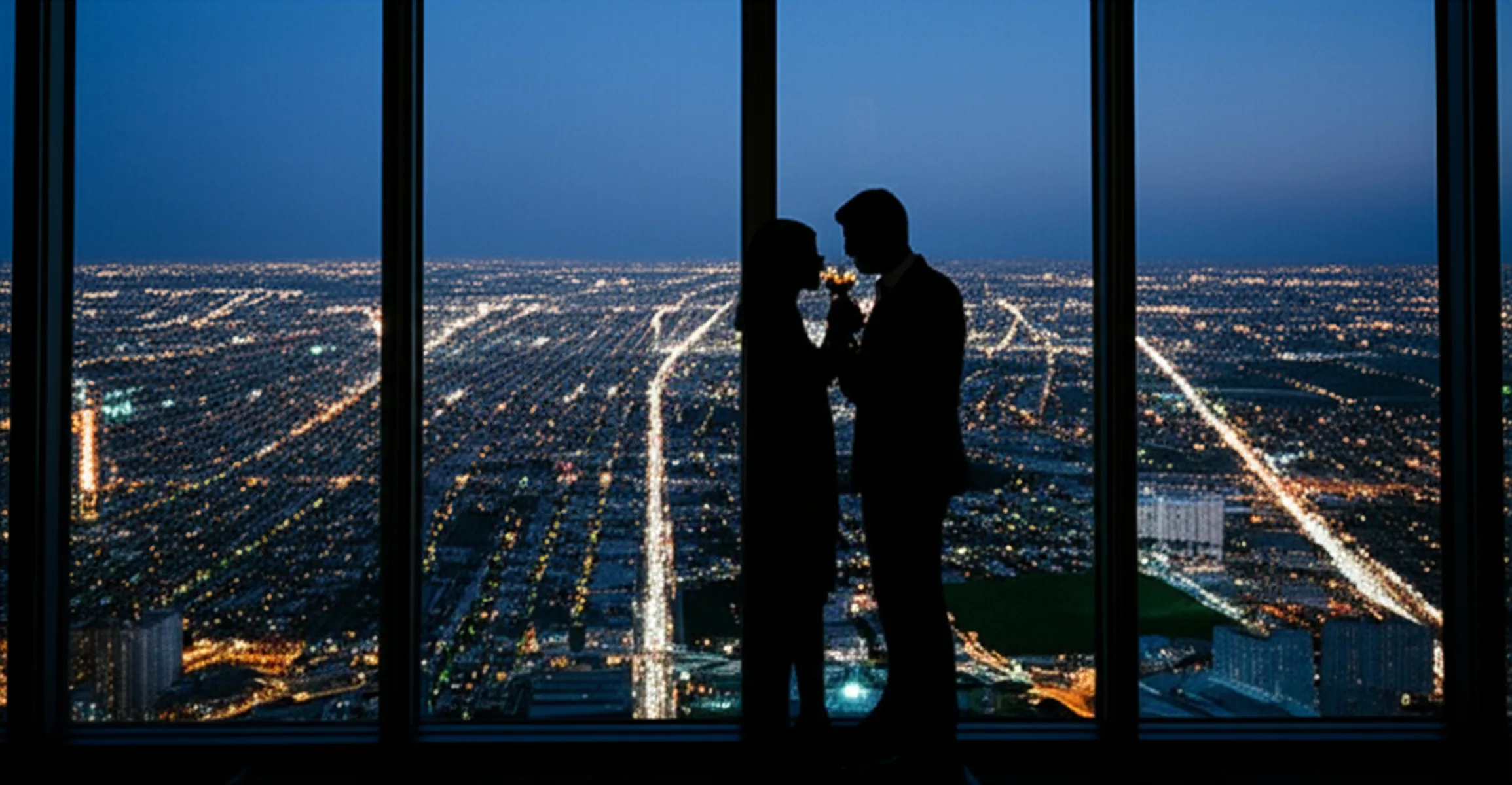 パワーカップルの家計実態|高年収世帯が陥る「消費の罠」と資産形成の本質 - 都心のタワーマンション高層階から見た夜景と、窓際でワインを傾けるカップルのシルエット