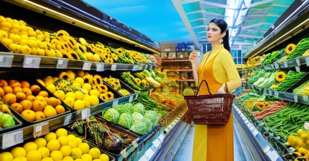 パワーカップルの家計実態|高年収世帯が陥る「消費の罠」と資産形成の本質 - 高級スーパーの食料品売り場で買い物かごを持つ洗練された装いの女性