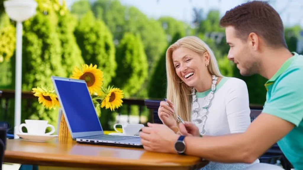 パワーカップルの家計実態|高年収世帯が陥る「消費の罠」と資産形成の本質 - カフェのテラス席でノートパソコンを開きながら会話する30代のカップル