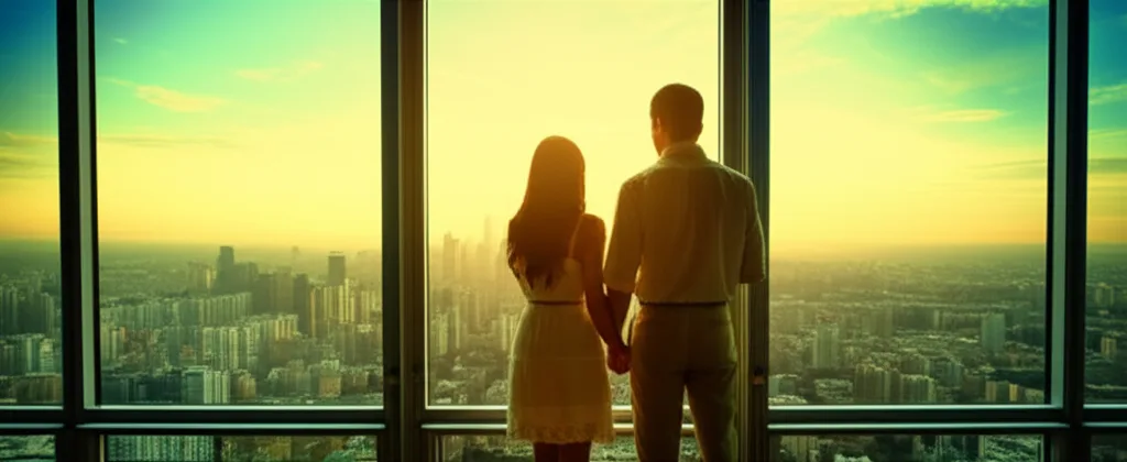 パワーカップルの家計実態|高年収世帯が陥る「消費の罠」と資産形成の本質 - 夕暮れ時の都心の街並みを見渡せる高層階の窓辺で、二人で並んで立つカップルの後ろ姿