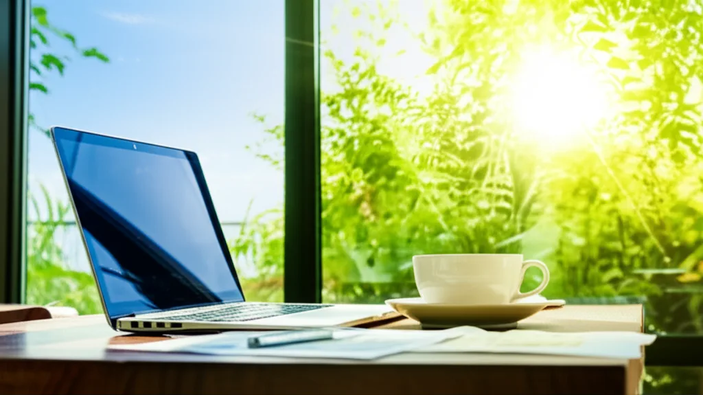 世帯年収3000万の手取りと生活実態|ハイキャリアの資産形成術 - カフェのテーブルに広げられたノートPCと書類、コーヒーカップ。窓から差し込む午後の光の中で仕事をする