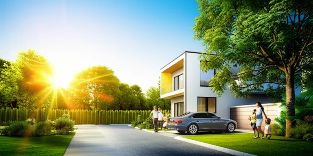 世帯年収3000万の手取りと生活実態|ハイキャリアの資産形成術 - 都内の閑静な住宅街、緑に囲まれた一戸建ての前に停まる高級外車。朝の静けさの中で出勤準備をする家族の様