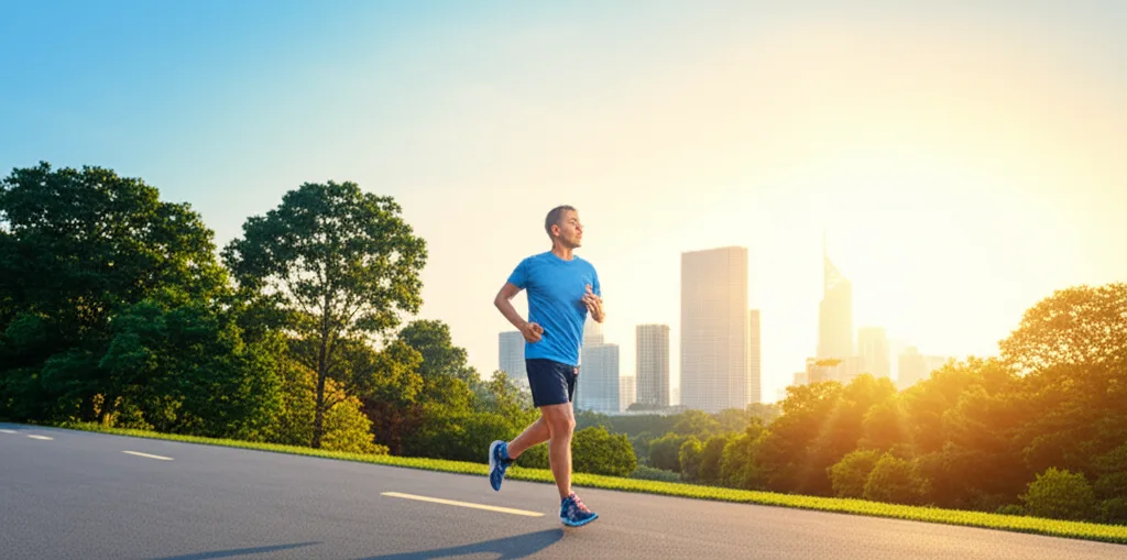 世帯年収3000万の手取りと生活実態|ハイキャリアの資産形成術 - 都市部のビジネス街、早朝の澄んだ空気の中でジョギングする40代のビジネスパーソン。遠くに高層ビル群が