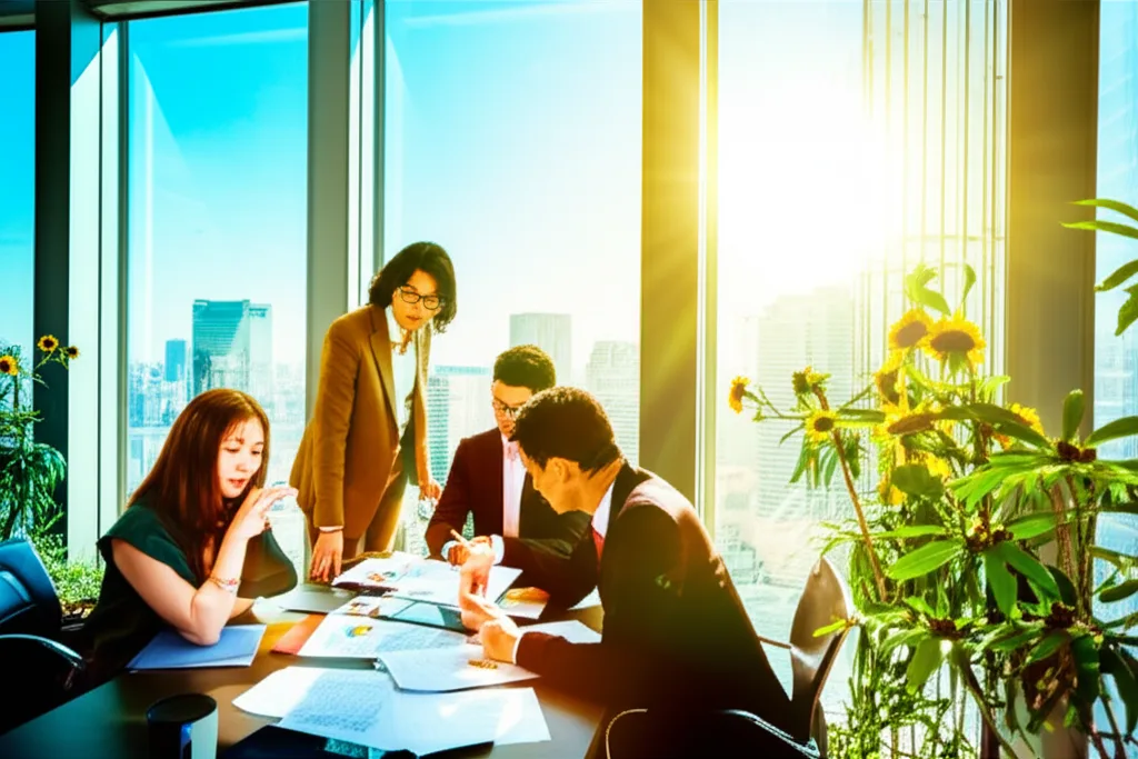 世帯年収3000万の手取りと生活実態|ハイキャリアの資産形成術 - 税理士や弁護士と思われる複数の専門家が、都内のオフィスで資料を囲んで打ち合わせをしている場面。窓から