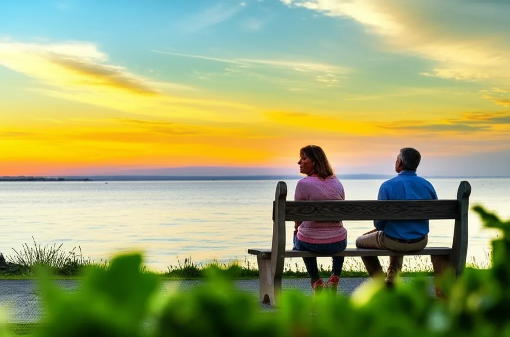 世帯年収3000万の手取りと生活実態|ハイキャリアの資産形成術 - 夕暮れ時の東京湾岸エリア、ウォーターフロントのベンチに座って遠くを眺める40代のカップル。穏やかな夕