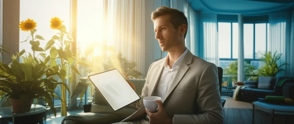 世帯年収3000万の手取りと生活実態|ハイキャリアの資産形成術 - 朝日が差し込む広いリビングで、コーヒーを手にしながらタブレットで情報を確認する40代のビジネスパーソ
