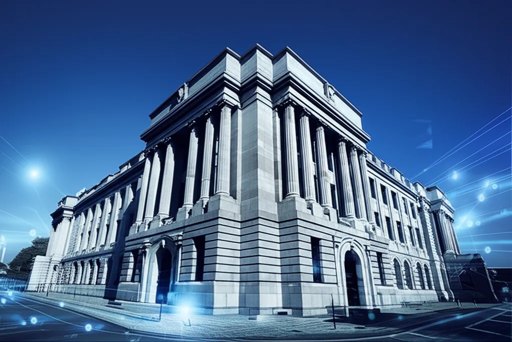 変動金利vs固定金利、ハイキャリアが選ぶべき住宅ローン戦略 - 日本銀行本店の外観と、青空を背景にした重厚な石造りの建物