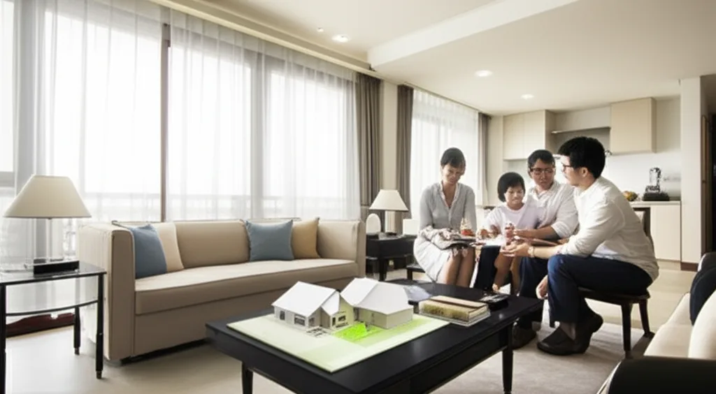 変動金利vs固定金利、ハイキャリアが選ぶべき住宅ローン戦略 - 明るいリビングで家族と住宅の資料を広げて話し合うカップル