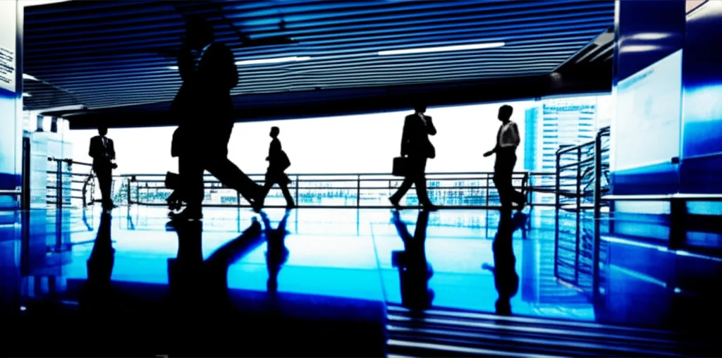 変動金利vs固定金利、ハイキャリアが選ぶべき住宅ローン戦略 - 東京の朝の通勤ラッシュ、駅のホームを急ぎ足で歩くビジネスパーソンたちのシルエット