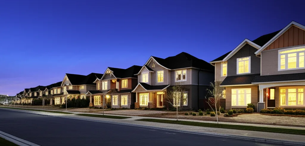 変動金利vs固定金利、ハイキャリアが選ぶべき住宅ローン戦略 - 夕暮れ時の住宅街、温かい光が灯る戸建て住宅と穏やかな空の風景