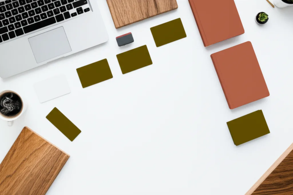 法人口座おすすめ比較19選！副業・マイクロ法人の銀行選び - 白を基調としたオフィスデスクに複数のクレジットカードと通帳が並んでいる俯瞰ショット