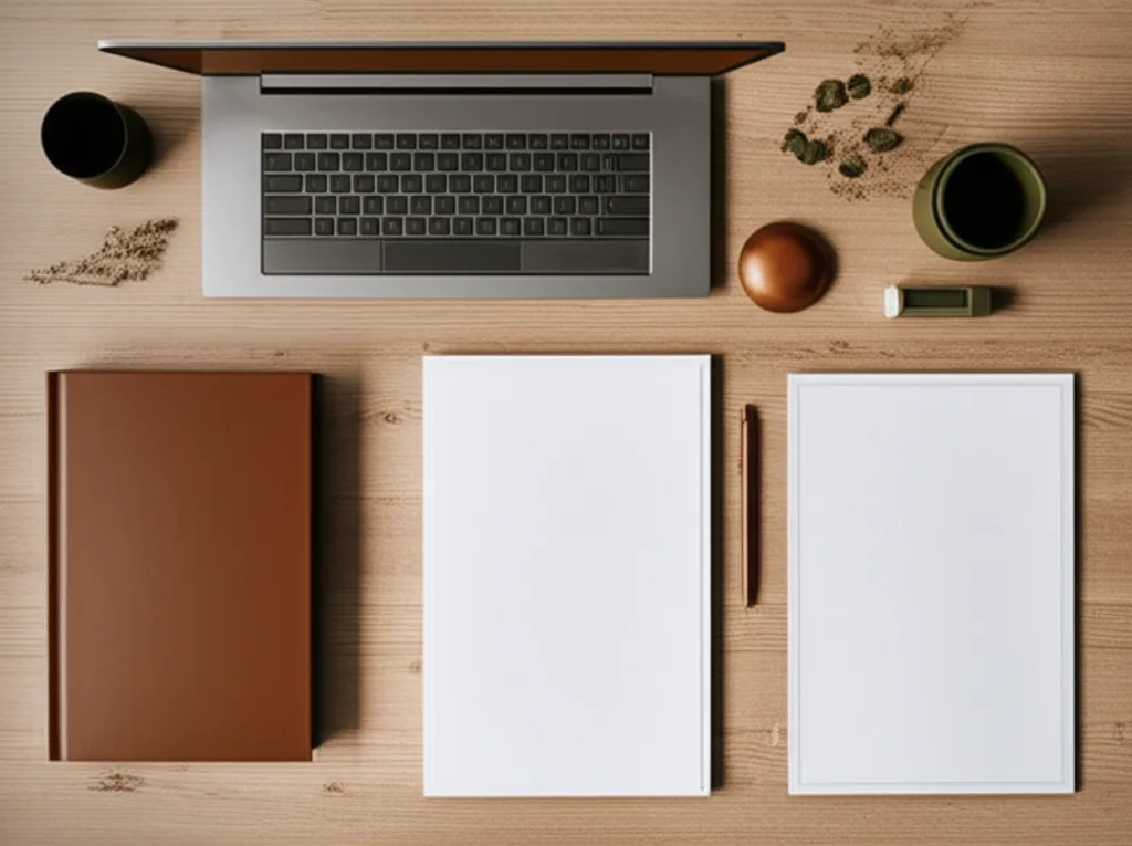 法人口座おすすめ比較19選！副業・マイクロ法人の銀行選び - 整然と並んだ書類と印鑑、そしてノートパソコンが置かれたデスクの俯瞰ショット