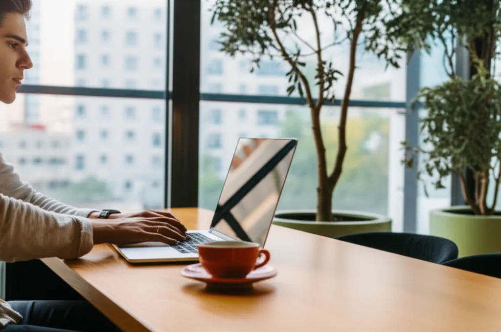 法人口座おすすめ比較19選！副業・マイクロ法人の銀行選び - 都心のカフェでノートパソコンを広げ、資料を確認しているビジネスパーソンの横顔