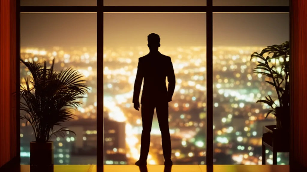 法人口座おすすめ比較19選！副業・マイクロ法人の銀行選び - 夜の都市を見下ろす高層ビルの窓際に立つビジネスパーソンのシルエット