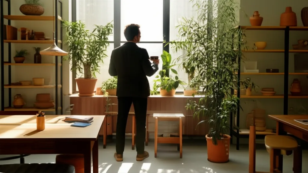 法人口座おすすめ比較19選！副業・マイクロ法人の銀行選び - 朝日が差し込む明るいオフィスで、コーヒーカップを手に窓の外を見つめるビジネスパーソンの後ろ姿