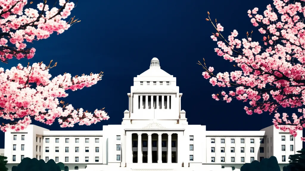 標準報酬月額の上限引上げで手取り激減?高年収層への影響と対策 - 国会議事堂の外観を遠景に、手前に桜の木が咲いているシーン