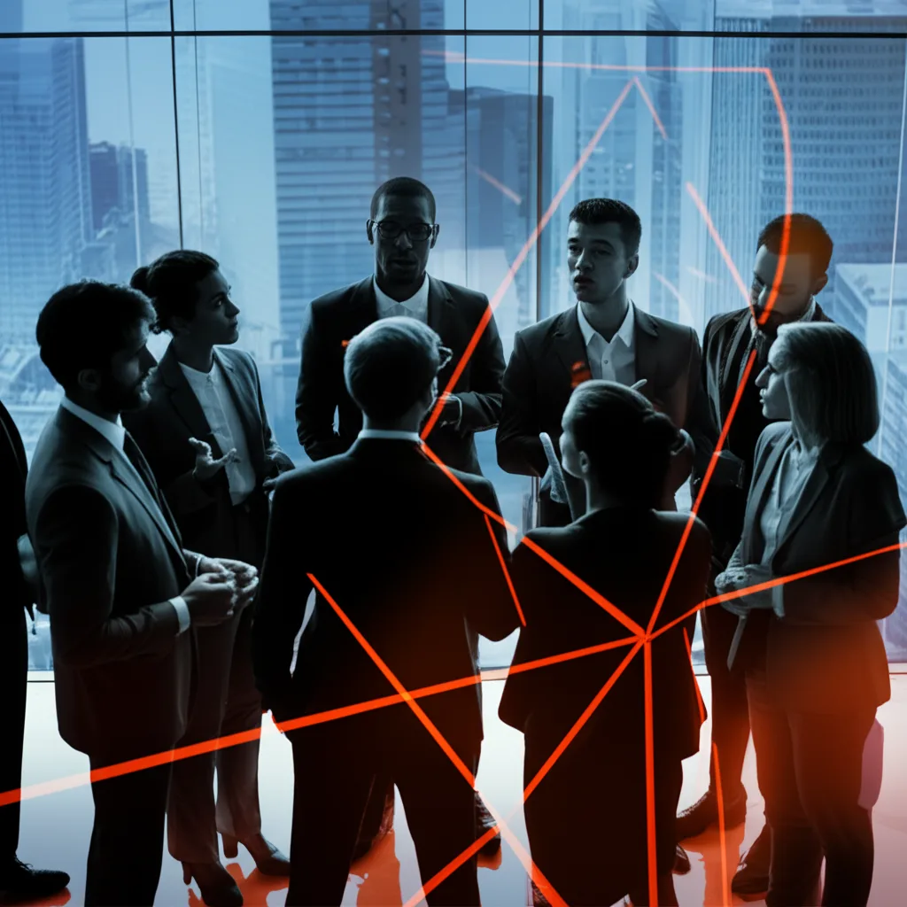 野村證券 年収の実態:IBD職位別データと外資流出の構造 - ガラス張りのオフィスビル内で、ホワイトボードを前に議論するスーツ姿の男女数人