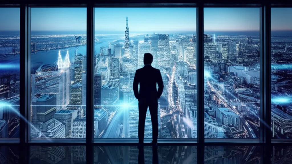 日銀利上げ「ギアシフト」で何が変わる?高年収層の資産防衛術 - 金融街のオフィスビル群を見下ろす高層階の窓辺に立つスーツ姿のビジネスパーソン