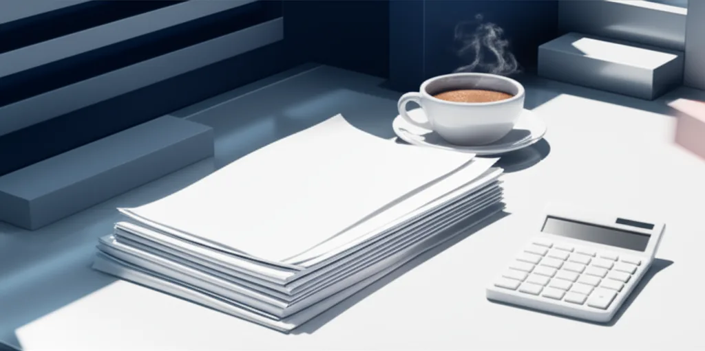 標準報酬月額の上限引上げで手取り激減?高年収層への影響と対策 - デスクの上に置かれた給与明細と電卓、コーヒーカップが並ぶオフィスの朝のシーン