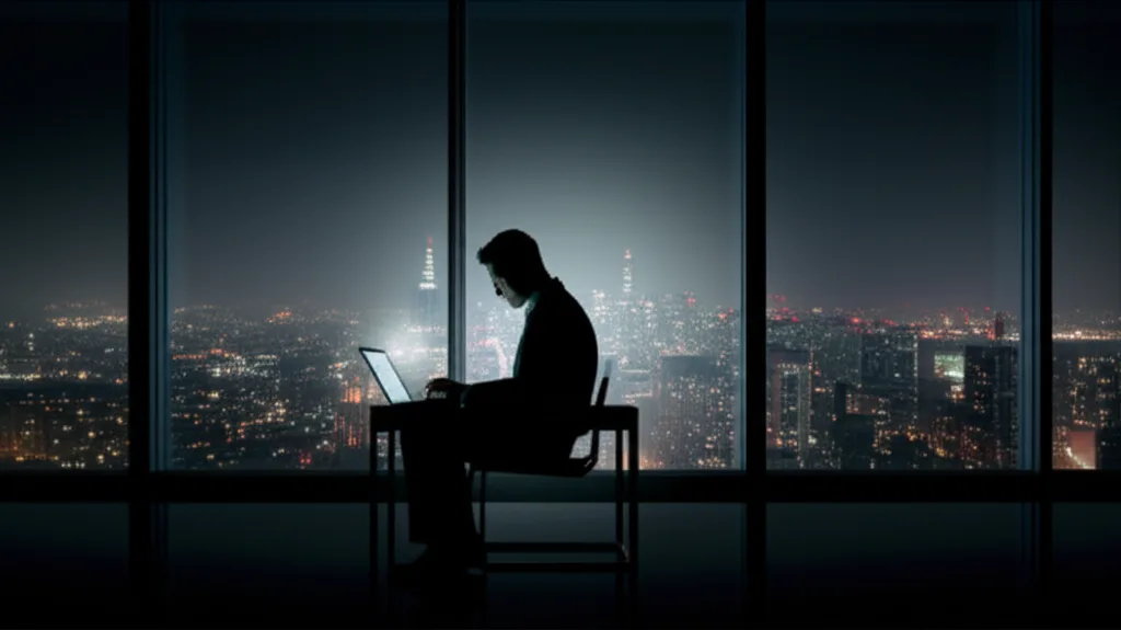 野村證券 年収の実態:IBD職位別データと外資流出の構造 - 夜景を背景に、高層ビルのオフィスで一人パソコンに向かう男性バンカーのシルエット