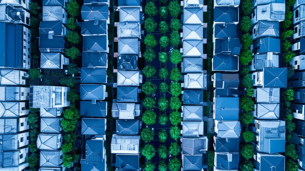 日銀利上げ「ギアシフト」で何が変わる?高年収層の資産防衛術 - 東京都心部の住宅街を空撮した俯瞰写真、整然と並ぶ屋根と緑の街路樹