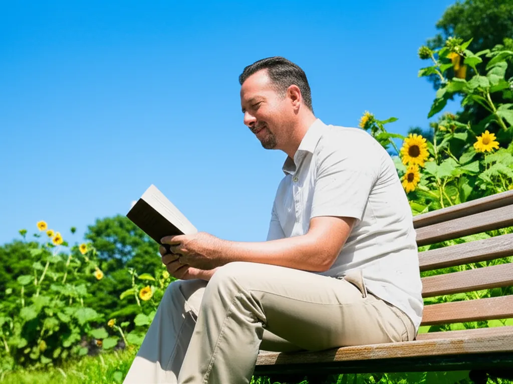 年収2000万でも幸せになれない本質的な理由 - 青空の下、緑豊かな公園のベンチでリラックスしながら本を読む40代男性