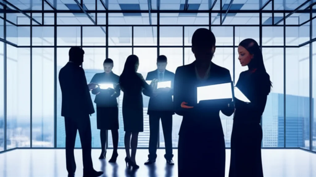 標準報酬月額の上限引上げで手取り激減?高年収層への影響と対策 - 高層ビルのガラス張り会議室で、タブレットを見ながら打ち合わせをするビジネスパーソンたちのシーン