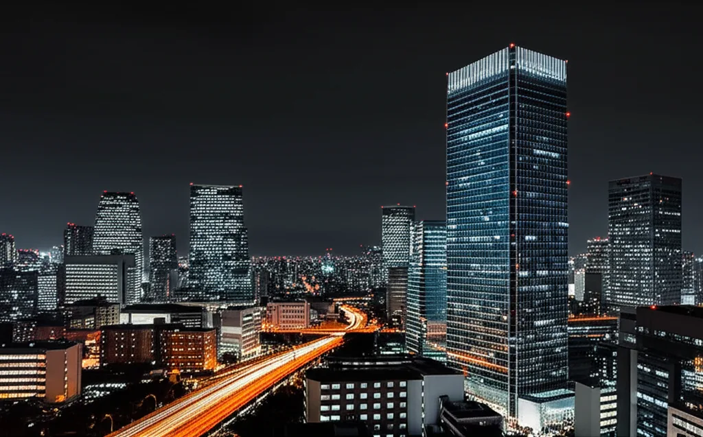野村證券 年収の実態:IBD職位別データと外資流出の構造 - 東京・六本木ヒルズ周辺の夜景と高層タワーを背景にした都市風景