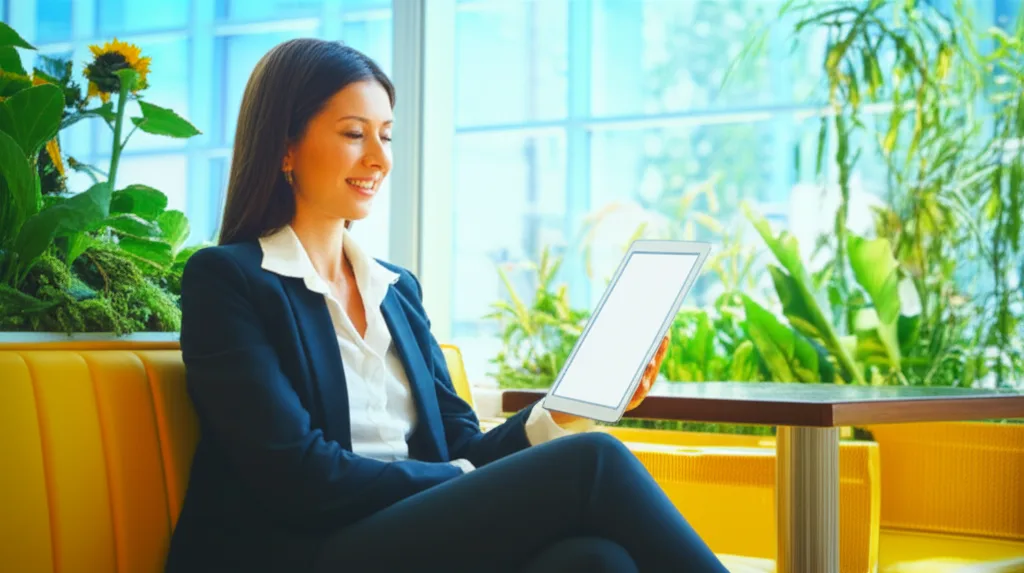 年収2000万でも幸せになれない本質的な理由 - 落ち着いたカフェで、タブレットを開いて資料を確認するスーツ姿の女性ビジネスパーソン